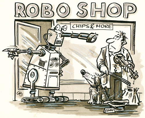 Cartoon: Roboshop (medium) by GB tagged roboter,mensch,shop,achtung,missachtung,clochard,musiker,almosen,milde,gabe,knauser,roboter,mensch,shop,achtung,clochard,missachtung,musiker,almosen,milde,gabe,knauser
