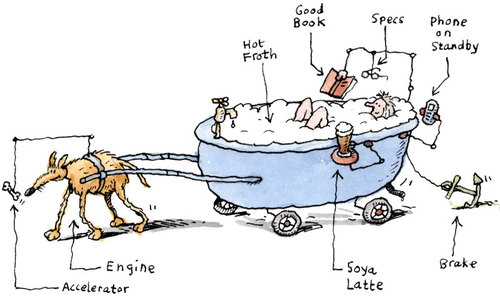 Cartoon: Bathmobile (medium) by Ellis Nadler tagged dog,lurcher,wagon,car,vehicle,bath,wheels,tub,foam,bubbles,bone,tap,coffee,latte,book,glasses,words,phone,standby,anchor,brake,soya,engine,accelerator