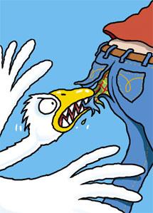 Cartoon: Evil goose (medium) by Ellis Nadler tagged goose,bite,bottom,bum,jeans,torn,wings,beak,angry,pants,feathers