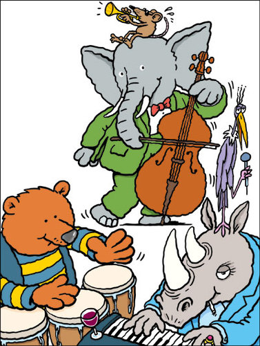 Cartoon: Jazz zoo (medium) by Ellis Nadler tagged zoo,animal,elephant,bear,rhino,bird,rat,piano,music,jazz,congas,drum,bass,trumpet,singer,horn