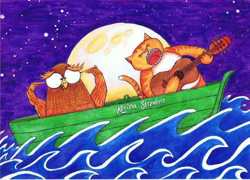 Cartoon: Alternative Owl and Pussy Cat (medium) by Kerina Strevens tagged cat,feline,owl,bird,sea,boat,sail,water,nursery,rhyme,children