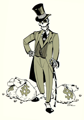 Cartoon: Merchant Banker (medium) by r8r tagged money,cash,gold,skeleton,death,banker,bankster,dollar,euro,finance,wall,street,bourse,stock,market