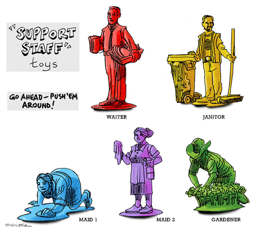 Cartoon: Support Staff plastic toys (medium) by r8r tagged toy,plastic,play,playset,soldier,maid,gardener,janitor,waiter,immigrant,citizenship,usa,guest,worker