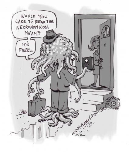 Cartoon: the proselytizer (medium) by r8r tagged cthulhu,lovecraft,hpl,cosmic,evil,squid,octopus,salesman,bible,necronomicon,scary,tentacle