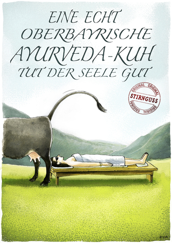 Cartoon: Ayurvedischer Stirnguss (medium) by markus-grolik tagged wellness,wohlfuehlfaktor,esoterik,work,life,balance,burn,out,erholung,natur,spa,spass,naherholung,naturerleben,frau,kuh,kur,kurpackung,kurschatten,oberbayern,tourismus,nepp,betrug,massage,lomi,tantra,tralala,seel,stress,stressfaktor,abschalten,ruhe,harmonie,kraft,power,recreation