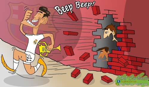 Cartoon: Bale sppeds past Barcelona with (medium) by emir cartoons tagged bale,barcelona,trophy,el,classico