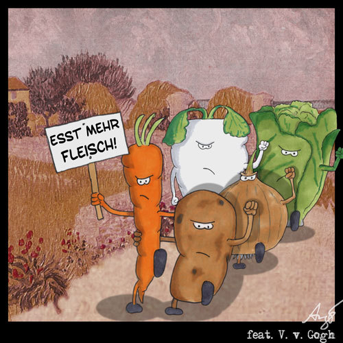 Cartoon: Esst mehr Fleisch! (medium) by Anjo tagged wellness,ernährung,gesund,carnivoren,protein,ehec,vegan,gemüse,fleisch,vegetarier