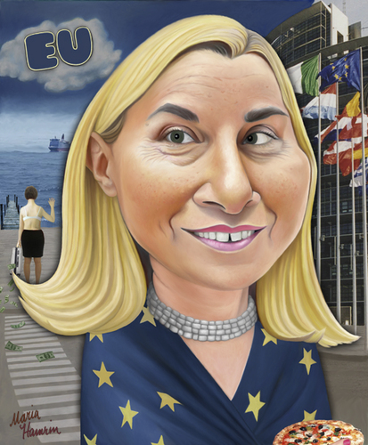 Cartoon: Ashton goes Mogherini comes (medium) by Maria Hamrin tagged caricature,chief,leader,italy,rom,minister,eu,junker,tusk,ashton,putin,arafat,rompuy,barroso,russia,ukrain