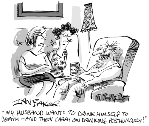 Cartoon: Drink to death (medium) by Ian Baker tagged drink,drunk,death,husband,wife