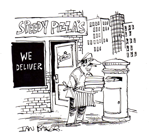 Cartoon: Pizza Delivery (medium) by Ian Baker tagged ian,baker,gag,cartoon,magazine,pizza,delivery,fast,food,post,mail,send,comedy