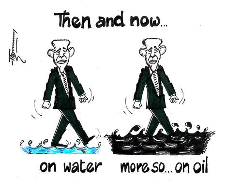 Cartoon: President Obama then and now (medium) by Thommy tagged obams,gulf,oil,spill,bp
