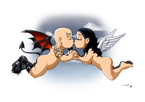 Cartoon: Angel and Demon (medium) by Mikl tagged mikl,michael,olivier,miklart,illustration,art,angel,demon,love,emmanuelle