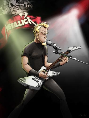 Cartoon: Metallica in Paris on 04-02-2009 (medium) by Mikl tagged mikl,michael,olivier,miklart,art,illustration,painting,metallica,bercu,paris,popb,concert,james,jamyz,hetfield,hatefield,kirk,hammett,robert,trujillio,lars,ulrich,metal,thrash,band