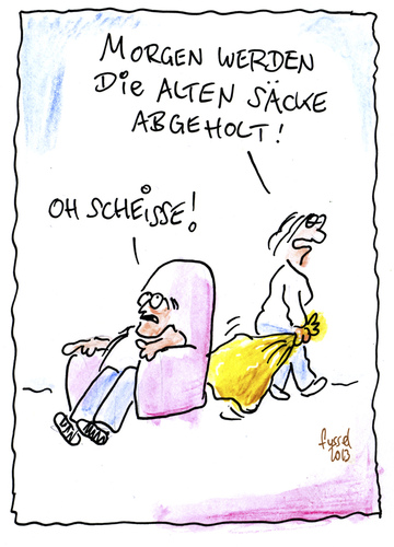 Cartoon: Alter Sack (medium) by fussel tagged alter,sack,gelber,ehe,abholen,müll,entsorgung