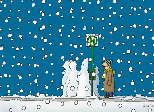 Cartoon: Too late? (medium) by fussel tagged bus,wait,delay,snow,verspätung,schnee,mistwetter