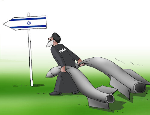 Cartoon: Israel versus Iran (medium) by Lubomir Kotrha tagged israel,iran,gaza,war,bombs,israel,iran,gaza,war,bombs