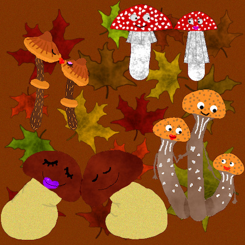 Cartoon: Cartoonish Mushrooms (medium) by Schimmelpelz-pilz tagged mushroom,mushrooms,pilz,pilze,leave,leaves,blatt,laub,autumn,herbst,texture,textur,pixel,computer,graphic,lover,lovers,couple,couples,family,mother,father,child,offspring,kid,mutter,vater,familie,kind,fliegenpilz,steinpilz,liebe,love,cute,sweet,niedlich,adorable,loving,liebend,liebende,paar