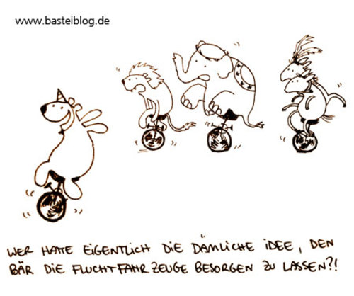 Cartoon: Fluchtfahrzeug. (medium) by puvo tagged circus,zirkus,flucht,escape,tier,animal,bär,bear,löwe,lion,elefant,elephant,pferd,horse,einrad,unicycle