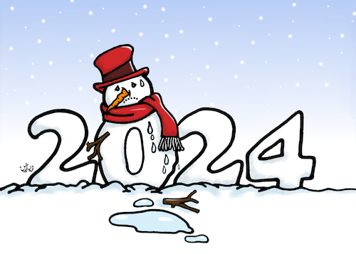 Cartoon: 2024 snowman and global warming (medium) by handren khoshnaw tagged handren,khoshnaw,2024,global,warming,climate,change,snowman,melting