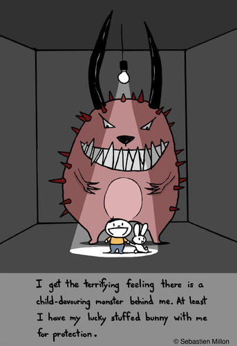 Cartoon: My Lucky Stuffed Bunny. (medium) by sebreg tagged cartoon,scary,monsters,silly,humor,bunny