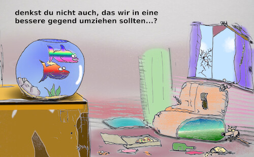 Cartoon: tapetenwechsel (medium) by ab tagged wohnen,dreck,wohnung,unordnung,fische,aquarium
