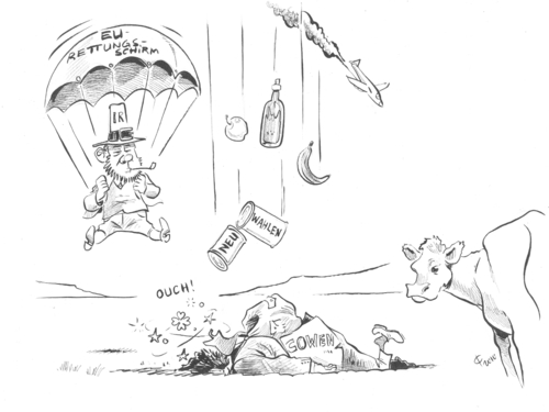 Cartoon: Fallschirme (medium) by Paolo Calleri tagged grüne,partei,fail,fianna,neuwahlen,rettungsschirm,finanzkrise,cowen,brian,irland,eu