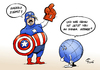 Cartoon: Captain America (small) by Paolo Calleri tagged usa,vorwahlkampf,praesidentschaft,kandidatur,republikaner,unternehmer,donald,trump,leitsatz,amerika,america,isolation,agenda,aussenpolitik,karikatur,cartoon,paolo,calleri