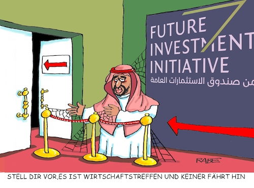 Cartoon: Riad Wirtschaftstreffen (medium) by RABE tagged saudi,arabien,scheichs,wüste,wirtschaftstreffen,absage,investoren,rabe,ralf,böhme,cartoon,karikatur,pressezeichnung,farbcartoon,tagescartoon,saudies,siemens,kaeser,khashoggi,mord,saudi,arabien,scheichs,wüste,wirtschaftstreffen,absage,investoren,rabe,ralf,böhme,cartoon,karikatur,pressezeichnung,farbcartoon,tagescartoon,saudies,siemens,kaeser,khashoggi,mord