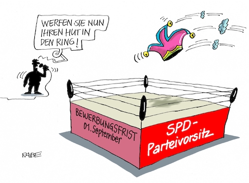 Cartoon: SPD Parteivorsitz (medium) by RABE tagged nahles,spd,sozialdemokraten,groko,umfragetief,scholz,rabe,ralf,böhme,cartoon,karikatur,pressezeichnung,farbcartoon,tagescartoon,ruine,koalition,koalitionsvetrag,bruch,drahtseil,union,cdu,prügelknaben,parteivorsitz,bewerbungsfrist,september,hut,ring,boxring,narrenkappe,nahles,spd,sozialdemokraten,groko,umfragetief,scholz,rabe,ralf,böhme,cartoon,karikatur,pressezeichnung,farbcartoon,tagescartoon,ruine,koalition,koalitionsvetrag,bruch,drahtseil,union,cdu,prügelknaben,parteivorsitz,bewerbungsfrist,september,hut,ring,boxring,narrenkappe
