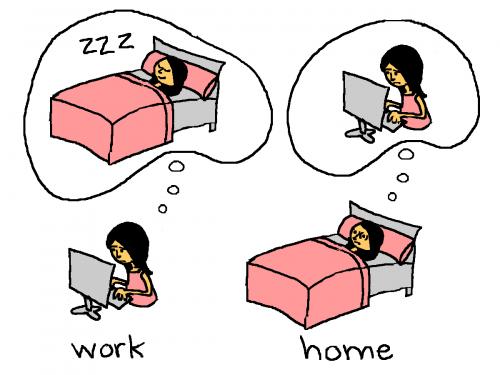 Cartoon: work vs. home (medium) by mfarmand tagged work,home,bed,cantsleep,computer,stress