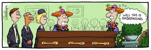 Cartoon: Embarrassing (medium) by Goodwyn tagged wake,death,casket,flowers,clown,funeral