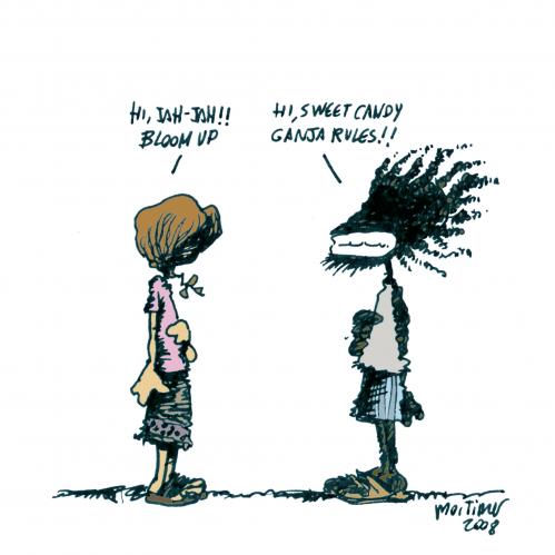 Cartoon: meeting Jah-Jah (medium) by mortimer tagged nature,childs,mortimer,cartoon,ganja,marihuana,rastafari,jah,reagge