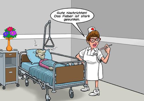 Cartoon: Fieber (medium) by Chris Berger tagged krankenhaus,krankenschwester,fieber,patient,thermometer,tod,temperatur,krankenhaus,krankenschwester,fieber,patient,thermometer,tod,temperatur