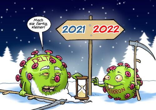 Cartoon: Happy New Fear (medium) by Chris Berger tagged silvester,neues,jahr,omikron,delta,covid,pandemie,2022,2021,neujahr,silvester,neues,jahr,omikron,delta,covid,pandemie,2022,2021,neujahr