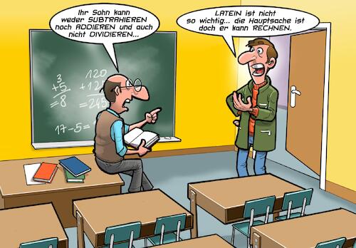 Cartoon: Mathe und Latein (medium) by Chris Berger tagged math2022,mathematik,latein,eltern,sprechtag,lehrer,vater,sohn,math2022,mathematik,latein,eltern,sprechtag,lehrer,vater,sohn