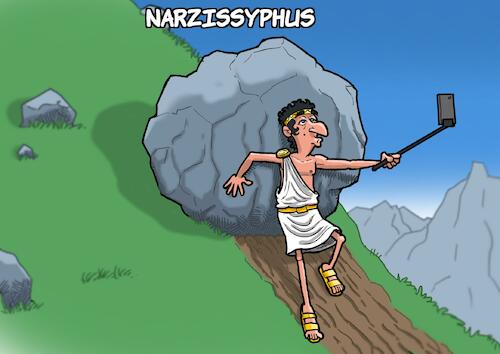 Cartoon: Narzissyphus (medium) by Chris Berger tagged narziss,sisyphus,mythologie,smartphone,selfie,narziss,sisyphus,mythologie,smartphone,selfie