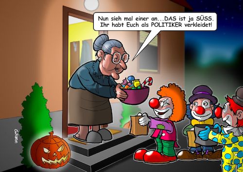 Cartoon: Politiker zu Halloween (medium) by Chris Berger tagged politiker,halloween,verkleidung,clowns,kinder,süsses,saures,politik,politiker,halloween,verkleidung,clowns,kinder,süsses,saures,politik