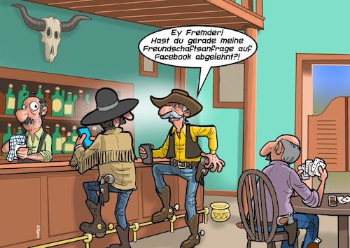 Cartoon: Shoot out (medium) by Chris Berger tagged facebook,social,media,wilder,westen,western,cowboys,saloon,facebook,social,media,wilder,westen,western,cowboys,saloon