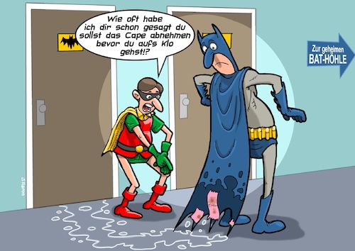 Cartoon: Superheldenprobleme (medium) by Chris Berger tagged batman,robin,klo,superthelden,umhang,cape,batman,robin,klo,superthelden,umhang,cape