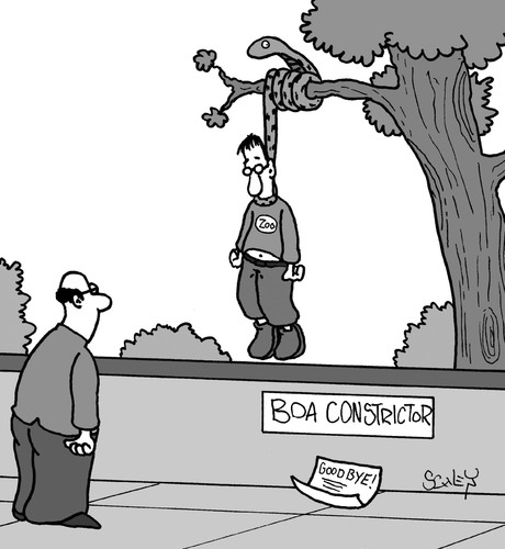 Cartoon: Boa Constrictor (medium) by Karsten Schley tagged zoo,tiere,leben,tod,tierpfleger,selbstmord,jobs,arbeit,zoo,tiere,leben,tod,tierpfleger,selbstmord,jobs,arbeit