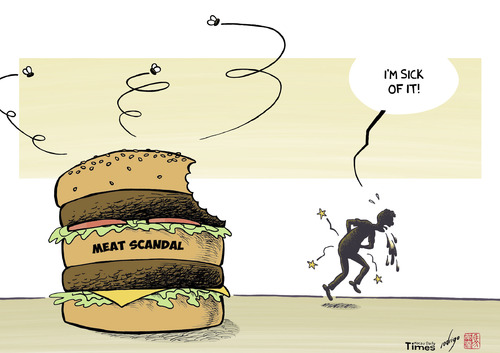 Cartoon: China meat scandal (medium) by rodrigo tagged china,expired,meat,scandal,shanghai,husi,food,mcdonalds,pizza,hut,burger,king,starbucks,kfc