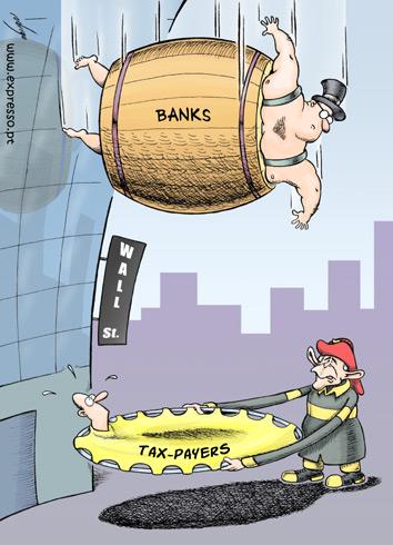 Cartoon: Financial Crisis Rescuing (medium) by rodrigo tagged financial,crisis,fireman,bush,tax,payers,banks,economy