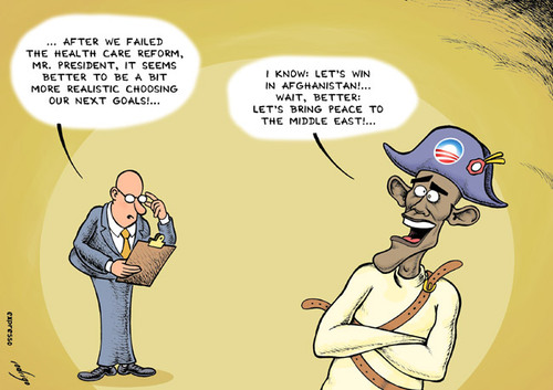 Cartoon: Obama goes international (medium) by rodrigo tagged obama,international,affairs,middle,east,israel,palestine,afghanistan,iraq,diplomacy,usa,us