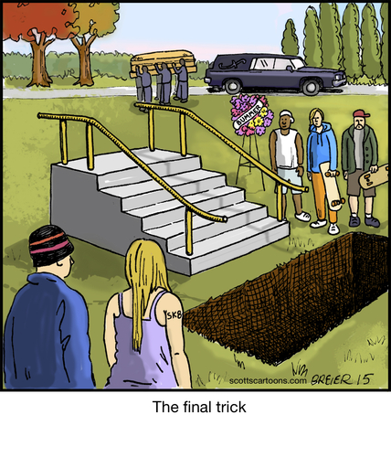 Cartoon: Final Trick (medium) by noodles tagged skateboard,railslide,death,funeral,trick,casket,hearse