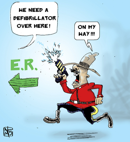 Cartoon: RCMP Taser M.D. (medium) by NEM0 tagged taser,injuries,injury,mounties,mountie,mounted,royal,rcmp,room,er,policemen,policeman,police,hospital,urgency,urgent,emergency,defibrilators,defibrilator,safety,safe,security,secure,gun,electric,cops,cop,cardiology,cardiac,canadians,canadian,canada