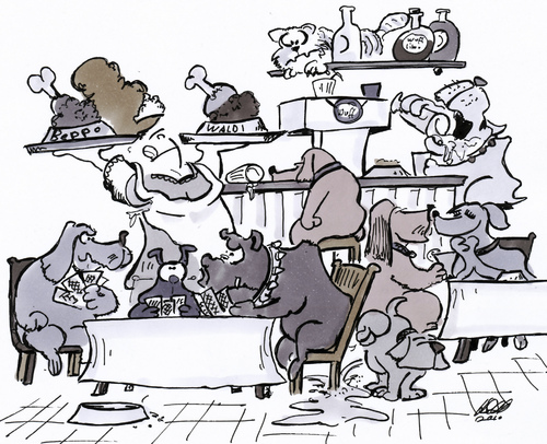 Cartoon: Hundecafe (medium) by HSB-Cartoon tagged hund,dog,cafe,restaurant,gastronomie,lokal,bistro,kellner,haustier,cartoon,karikatur