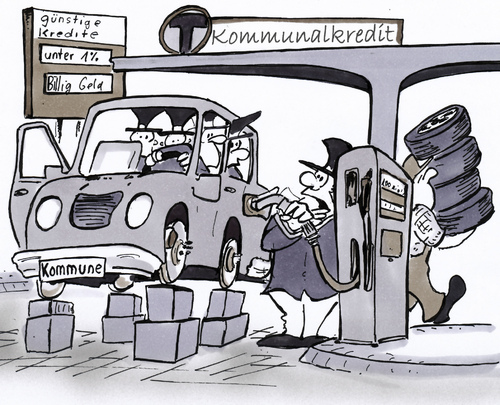 Cartoon: Kommunalkredit (medium) by HSB-Cartoon tagged kommune,stadt,gemeinde,politik,lokalpolitik,geld,wirtschaft,schulden,pleite,krise,tankstelle,politiker,kredit,cartoon,karikatur