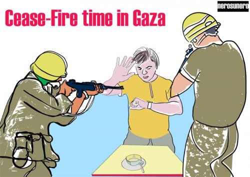 Cartoon: Cease-Fire Time in Gaza (medium) by nerosunero tagged israel,gaza,ceasefire,soldier,war,peace