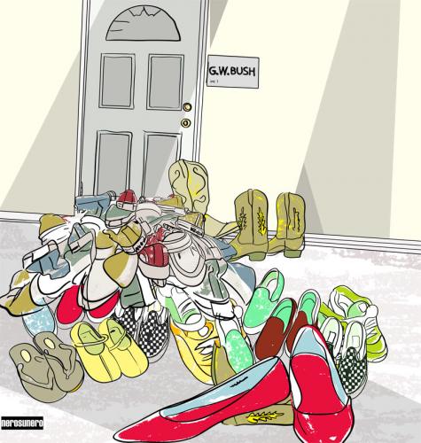 Cartoon: No shoes please! (medium) by nerosunero tagged george,bush,shoes,iraq,journalist