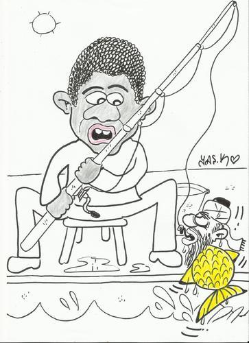 Cartoon: fish surprise (medium) by yasar kemal turan tagged surprise,hunt,fish,laden,bin,osama,obama